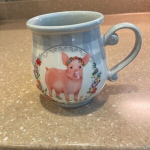 The Pioneer Woman Blue and Pink Pig Mug with Gray gingham check
